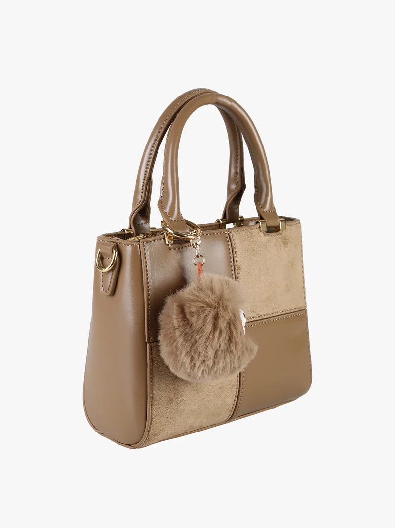 Borsa donna mini con doppi manici e dettaglio in ecopelliccia - khaki