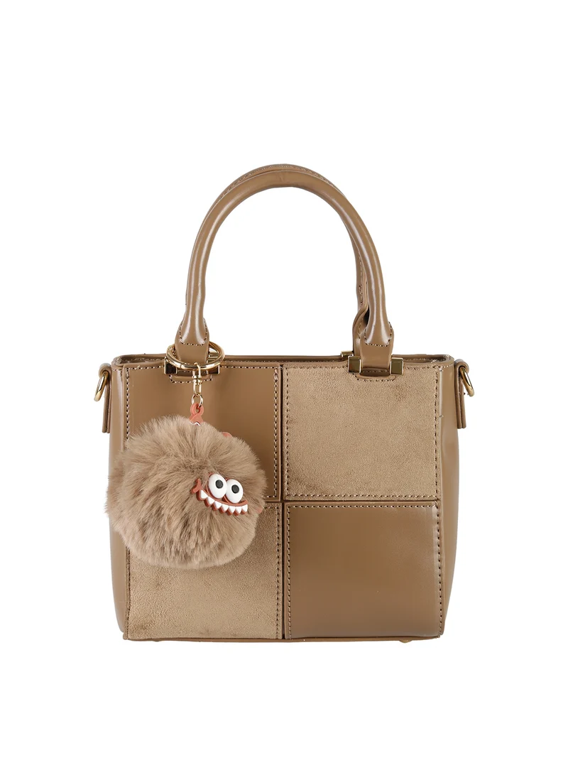 Borsa donna mini con doppi manici e dettaglio in ecopelliccia - khaki