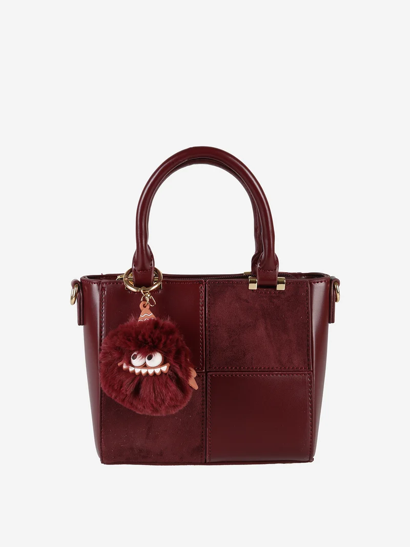 Borsa donna mini con doppi manici e dettaglio in ecopelliccia - bordeaux
