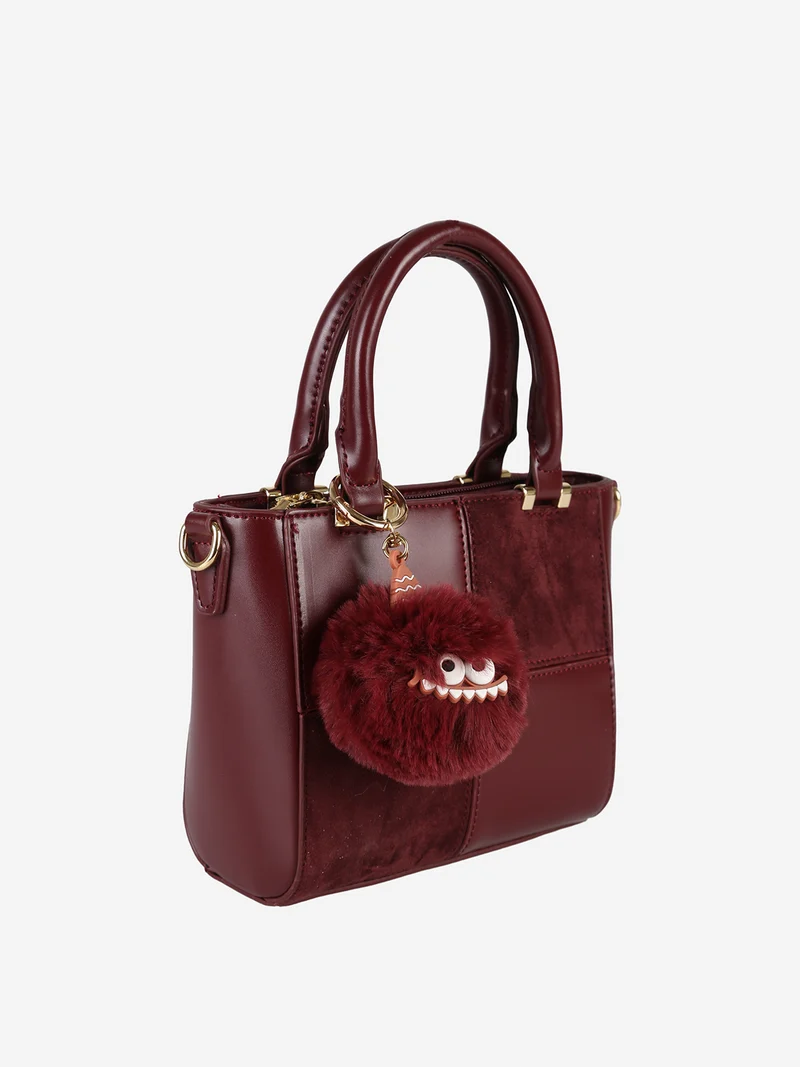 Borsa donna mini con doppi manici e dettaglio in ecopelliccia - bordeaux