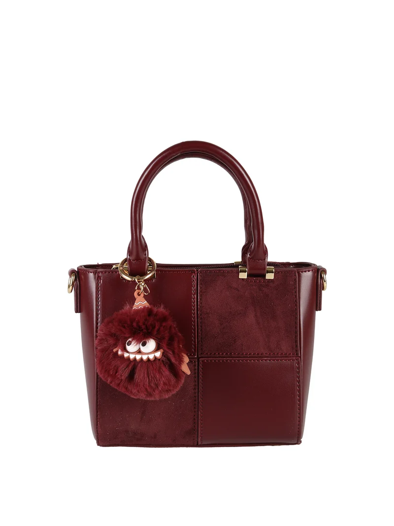 Borsa donna mini con doppi manici e dettaglio in ecopelliccia - bordeaux