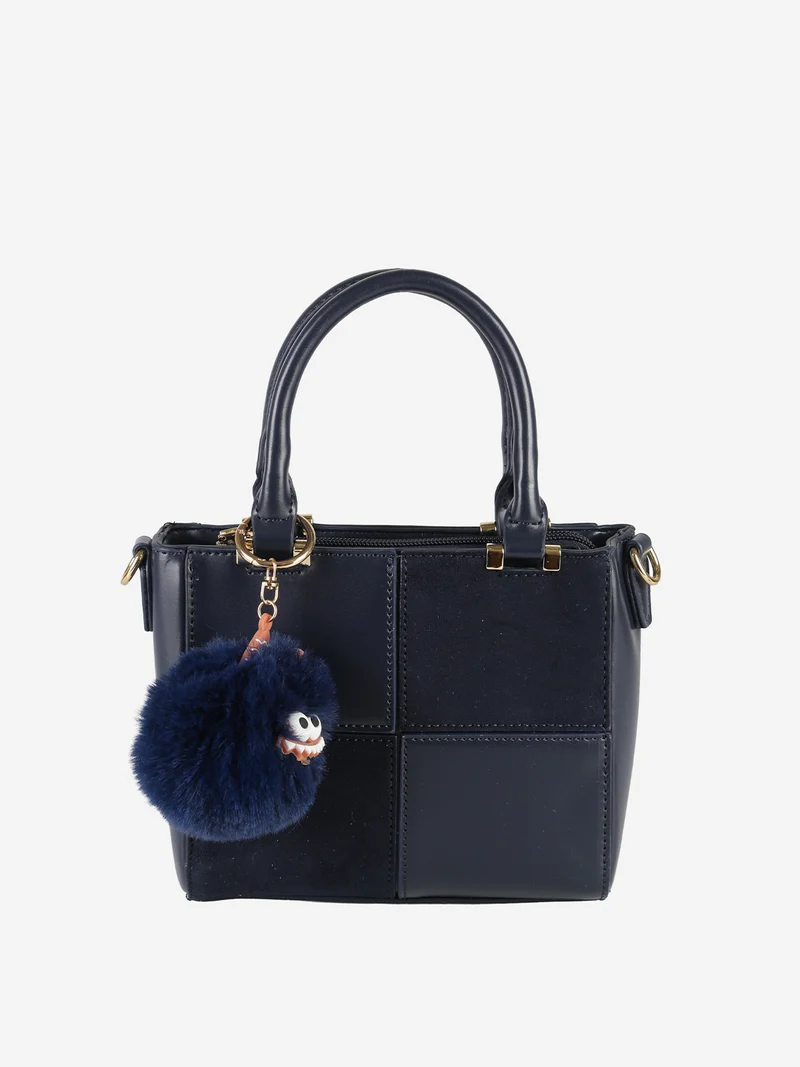 Borsa donna mini con doppi manici e dettaglio in ecopelliccia - blu scuro