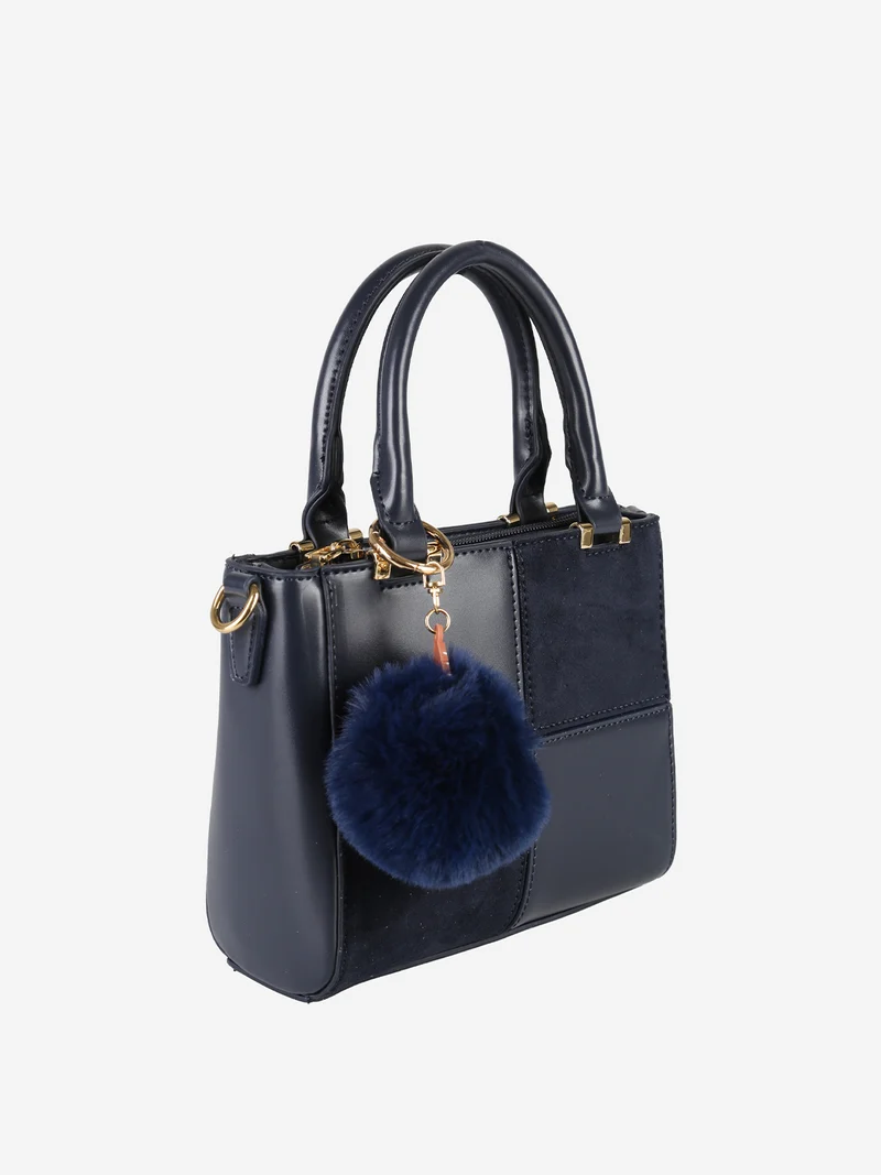 Borsa donna mini con doppi manici e dettaglio in ecopelliccia - blu scuro