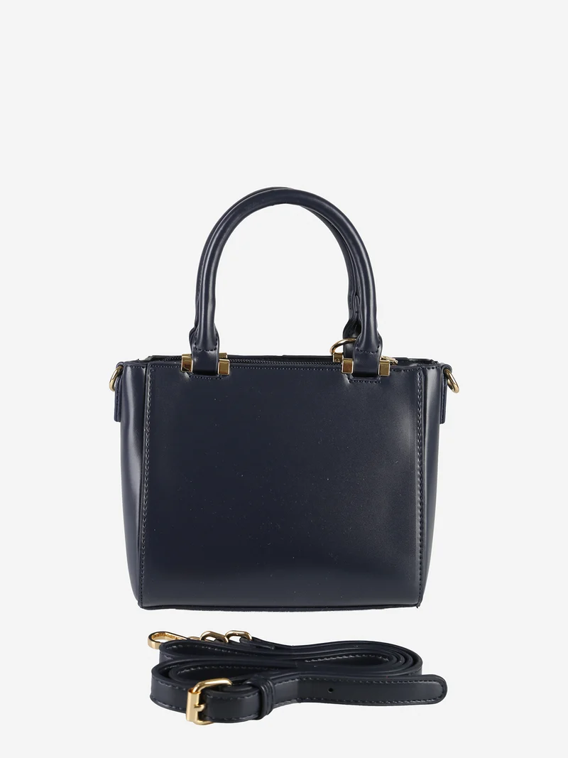 Borsa donna mini con doppi manici e dettaglio in ecopelliccia - blu scuro