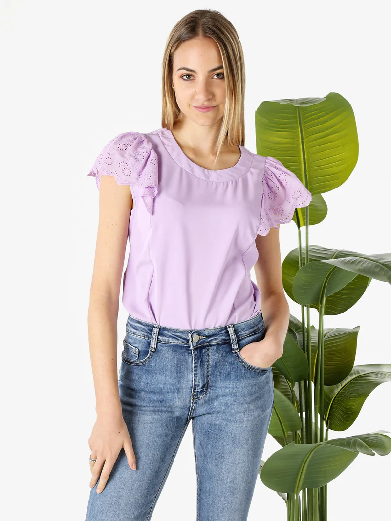 Blusa donna con maniche corte in pizzo macramè - lilla