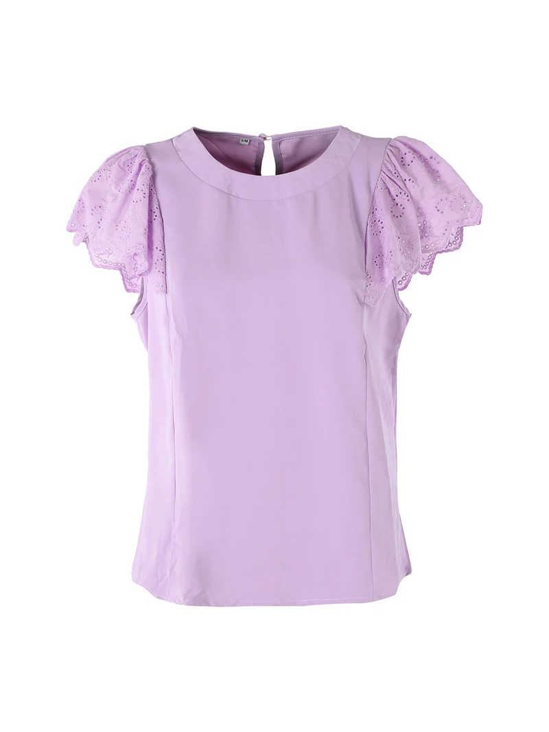 Blusa donna con maniche corte in pizzo macramè - lilla