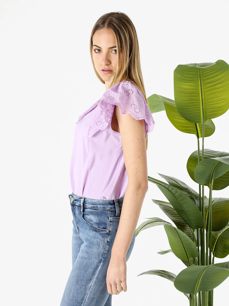 Blusa donna con maniche corte in pizzo macramè - lilla