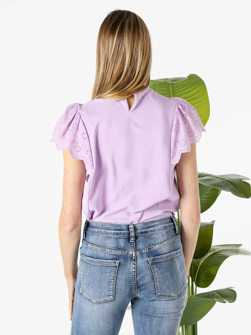 Blusa donna con maniche corte in pizzo macramè - lilla