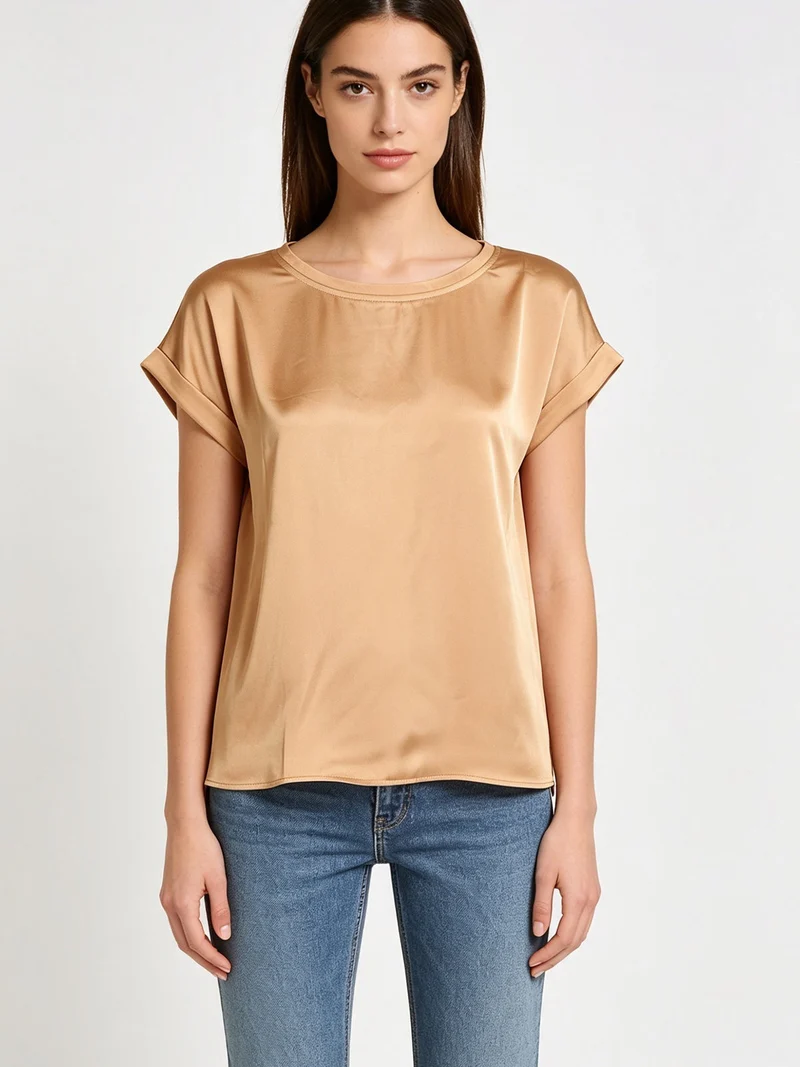 Blusa da donna a maniche corte con parte davanti effetto raso - cammello