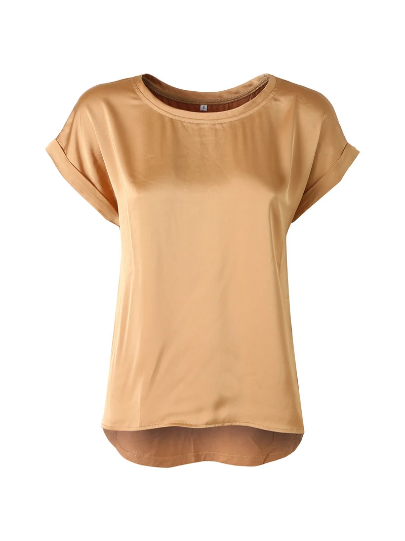 Blusa da donna a maniche corte con parte davanti effetto raso - cammello