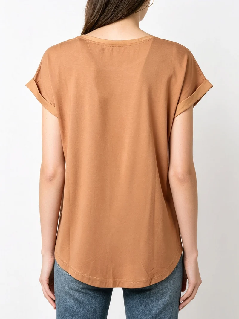 Blusa da donna a maniche corte con parte davanti effetto raso - cammello