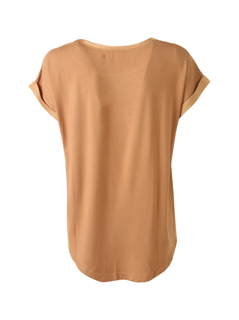 Blusa da donna a maniche corte con parte davanti effetto raso - cammello