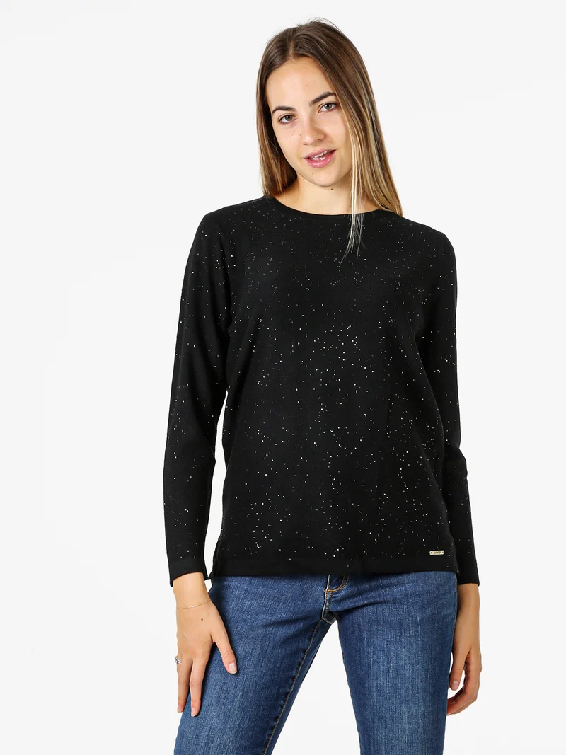 Maglia girocollo da donna con dettagli di paillettes - nero