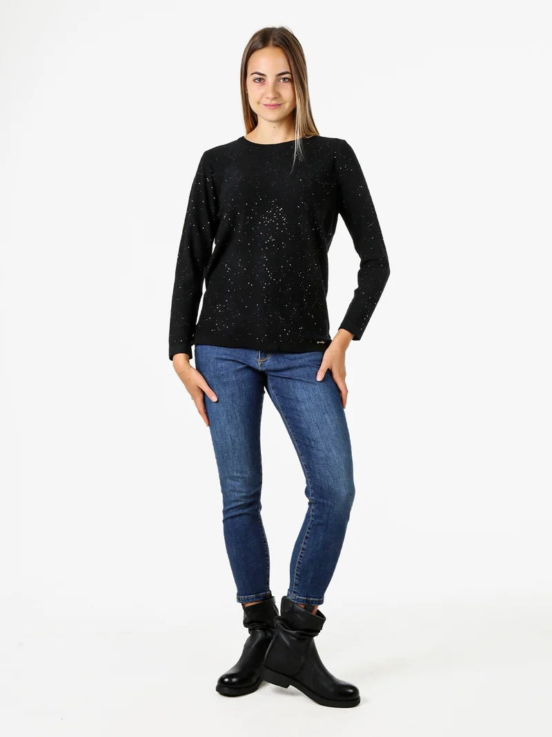 Maglia girocollo da donna con dettagli di paillettes - nero