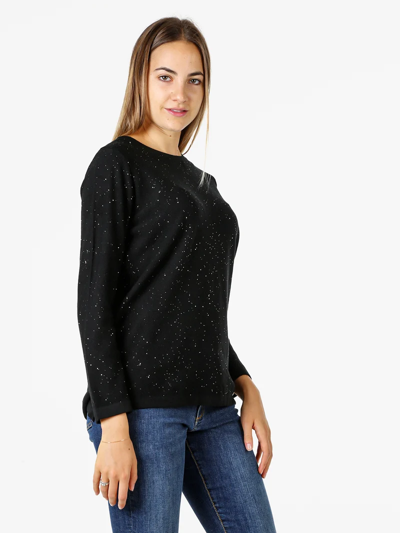 Maglia girocollo da donna con dettagli di paillettes - nero