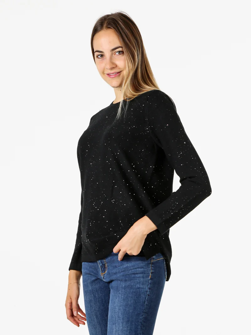 Maglia girocollo da donna con dettagli di paillettes - nero