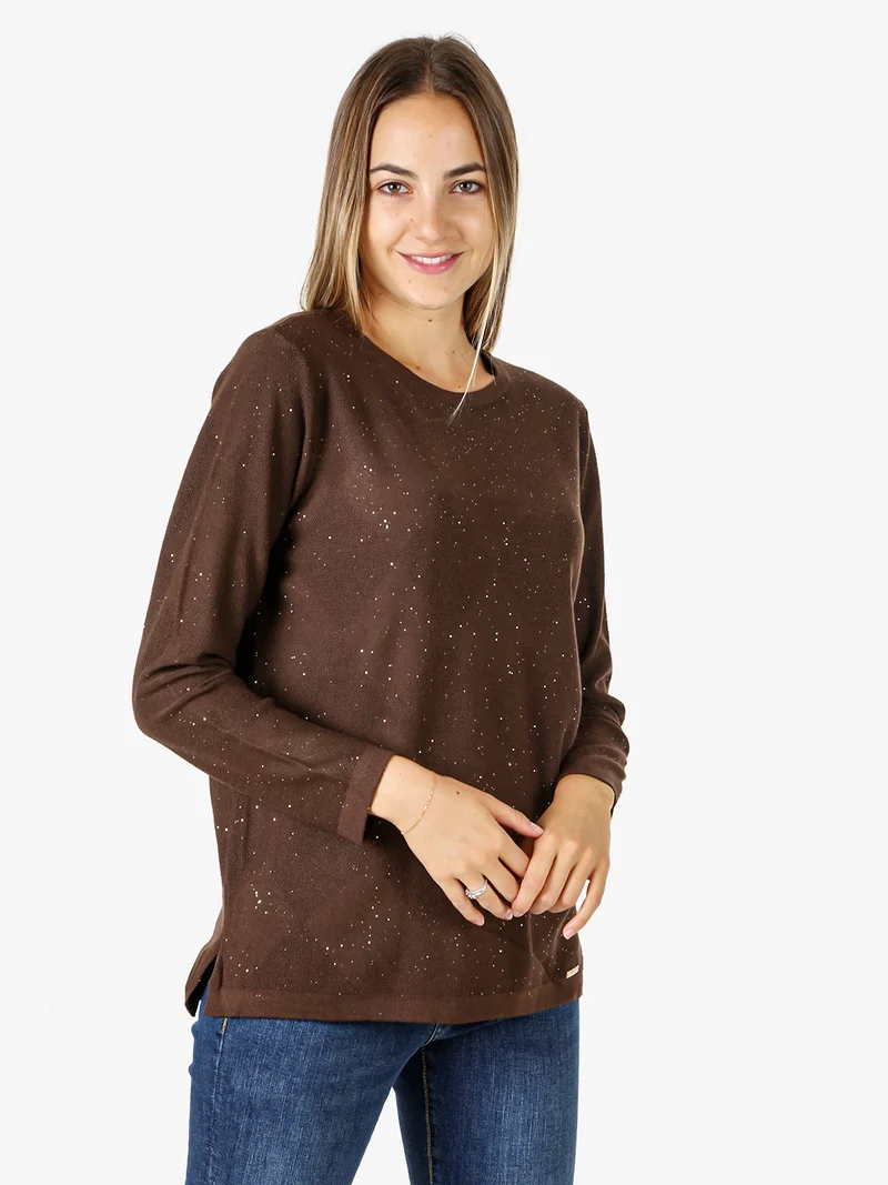 Maglia girocollo da donna con dettagli di paillettes - moro