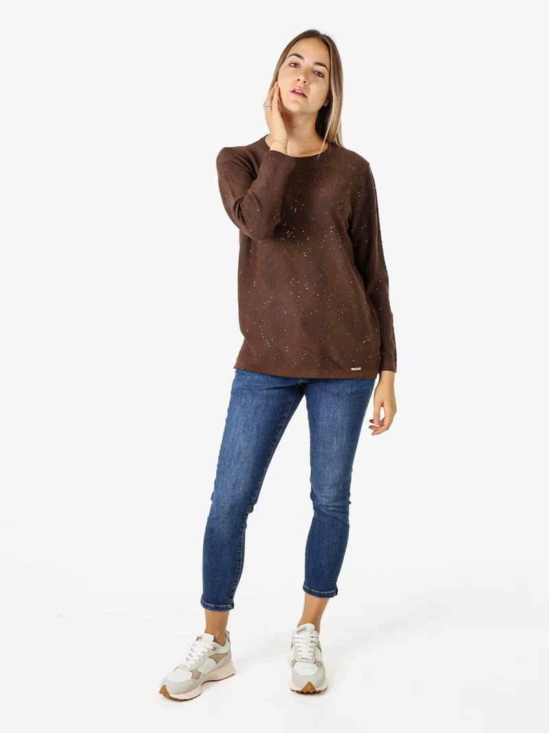 Maglia girocollo da donna con dettagli di paillettes - moro
