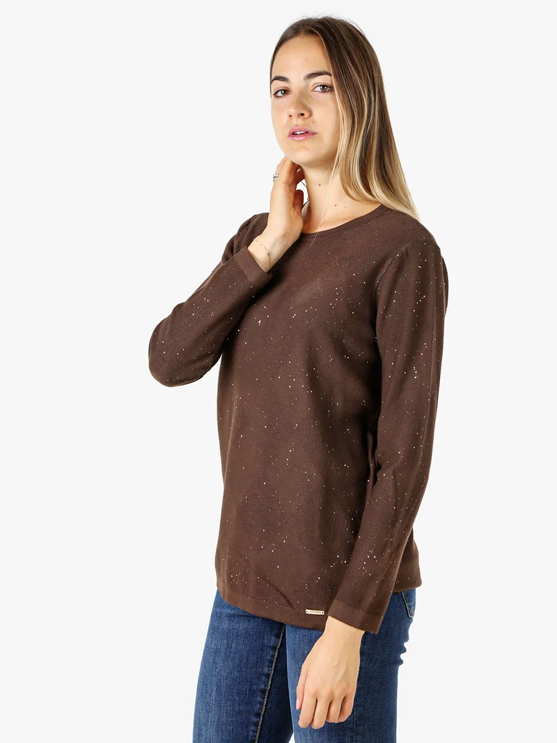Maglia girocollo da donna con dettagli di paillettes - moro