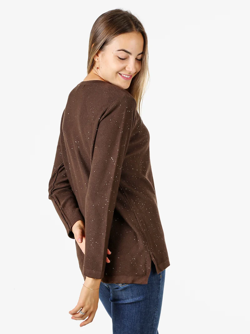 Maglia girocollo da donna con dettagli di paillettes - moro