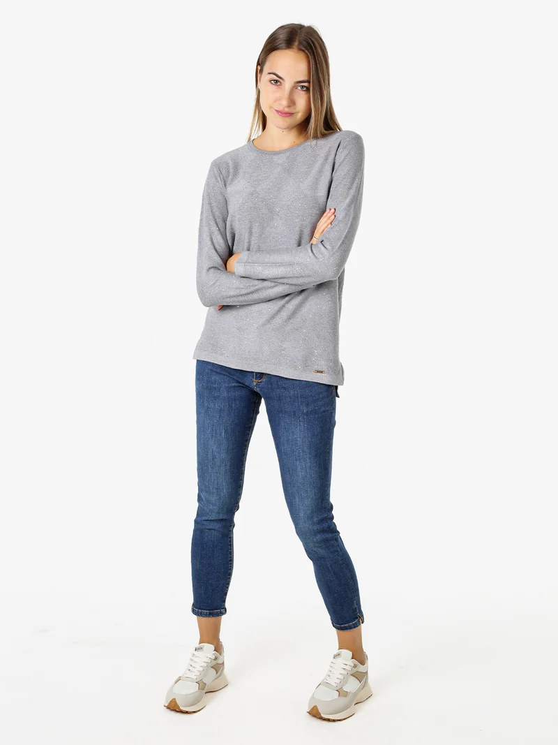 Maglia girocollo da donna con dettagli di paillettes - grigio