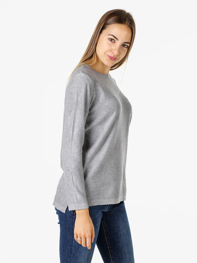 Maglia girocollo da donna con dettagli di paillettes - grigio
