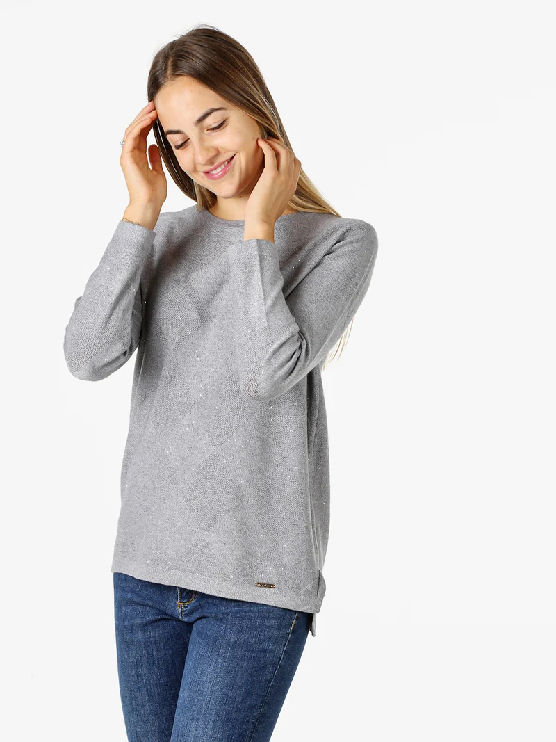 Maglia girocollo da donna con dettagli di paillettes - grigio
