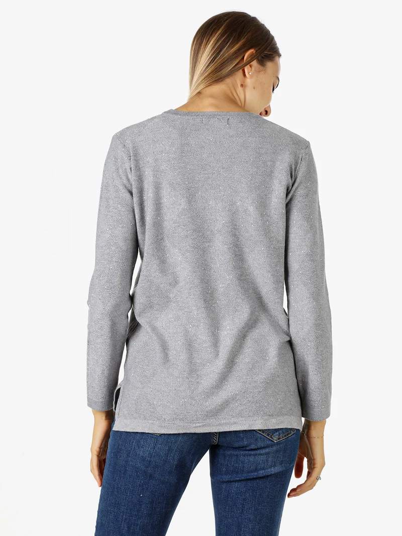 Maglia girocollo da donna con dettagli di paillettes - grigio