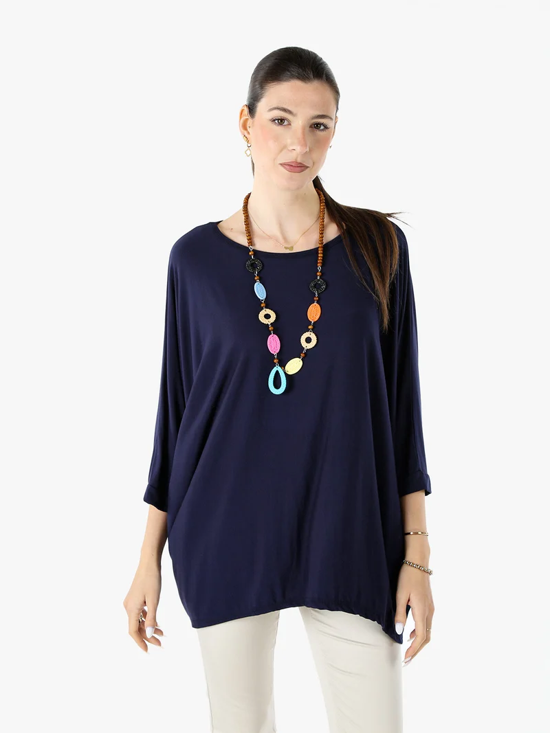 Maxi blusa da donna in viscosa con maniche a pipistrello - blu scuro