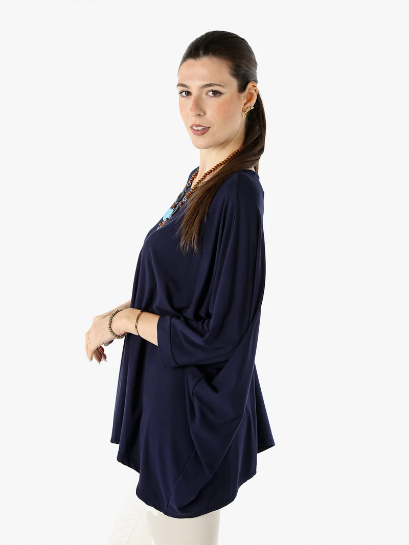 Maxi blusa da donna in viscosa con maniche a pipistrello - blu scuro