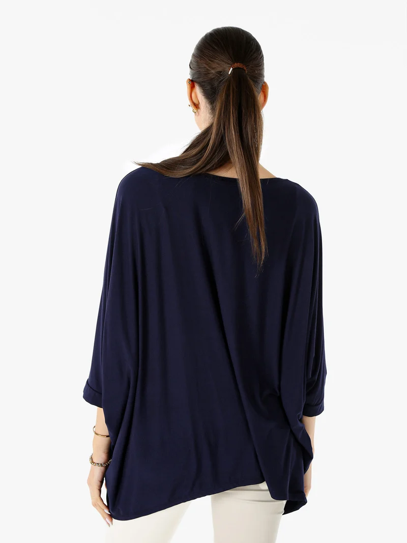 Maxi blusa da donna in viscosa con maniche a pipistrello - blu scuro