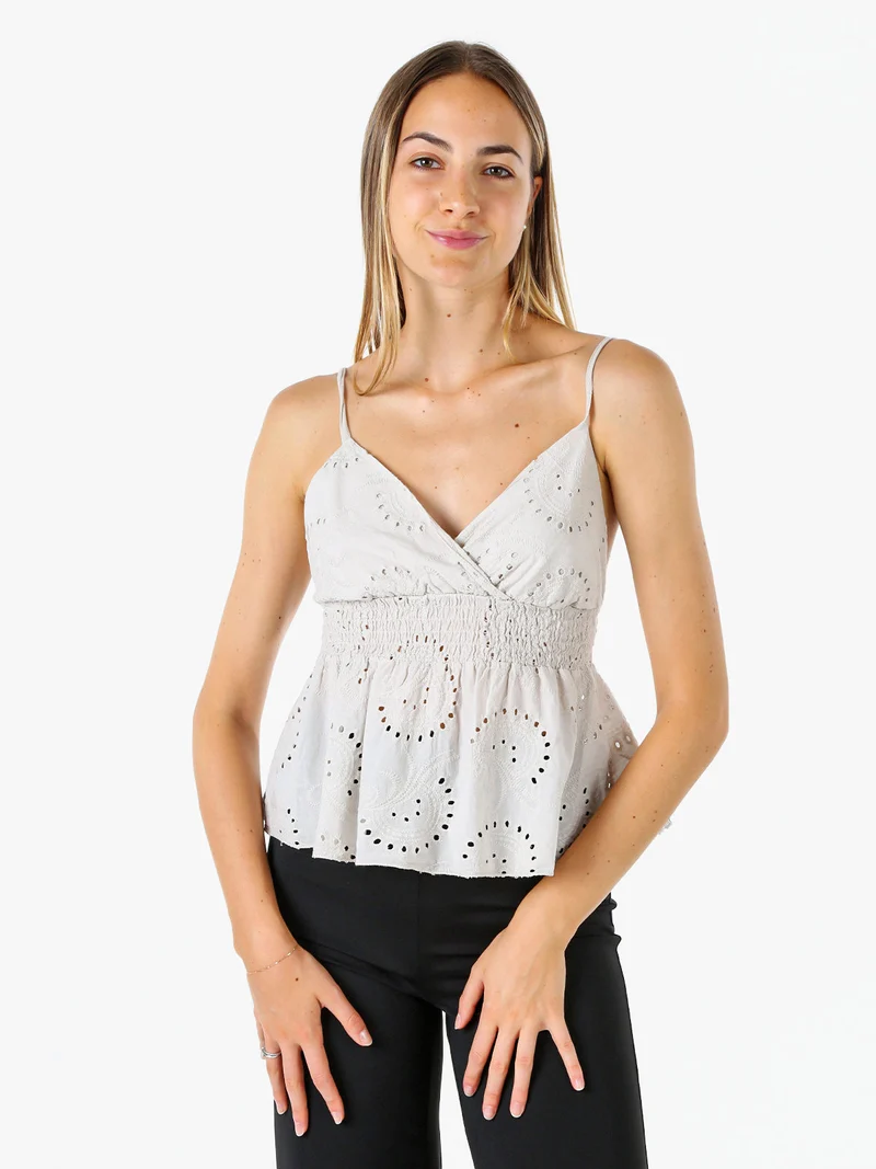 Top donna in cotone con dettagli macramè con spalline sottili - beige