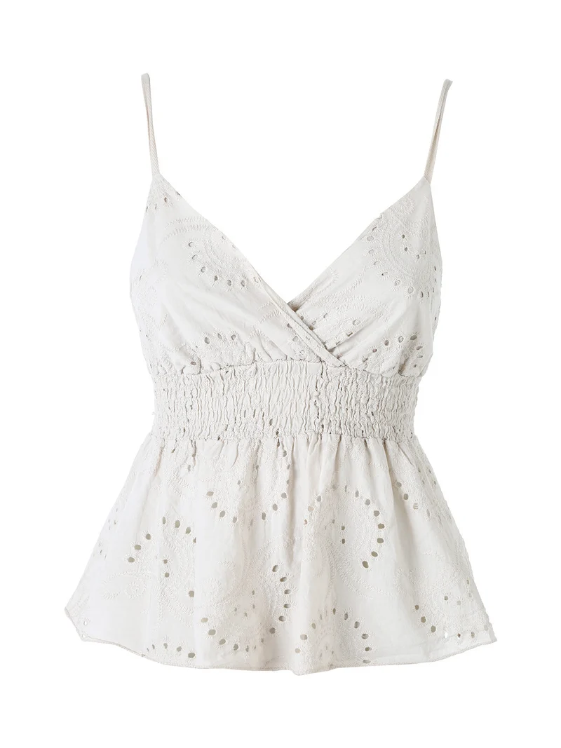 Top donna in cotone con dettagli macramè con spalline sottili - beige