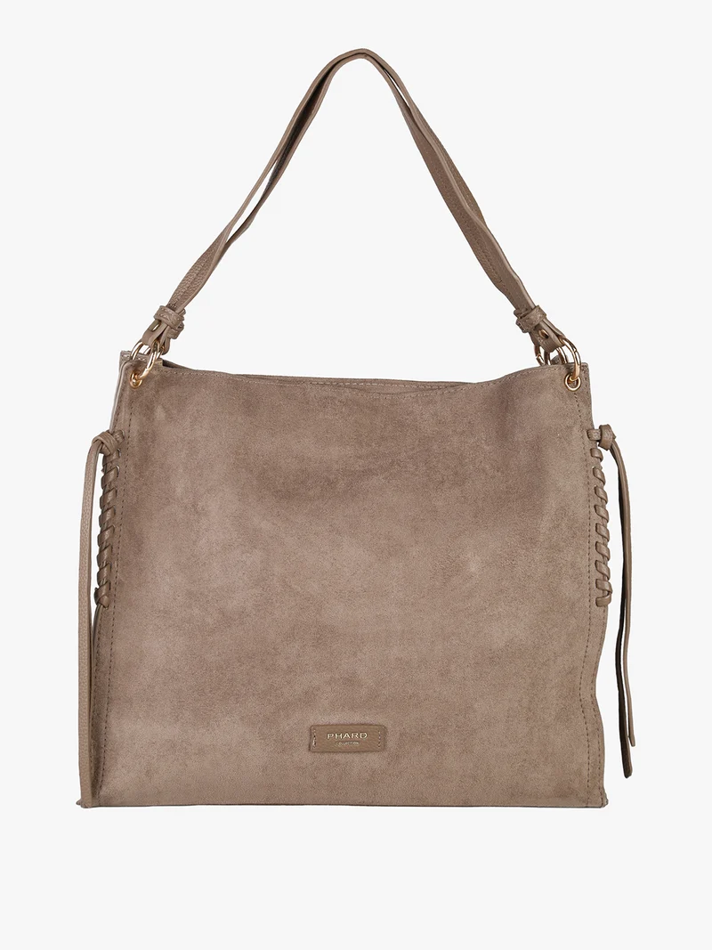 Borsa a spalla da donna in tessuto scamosciato con doppi manici - taupe