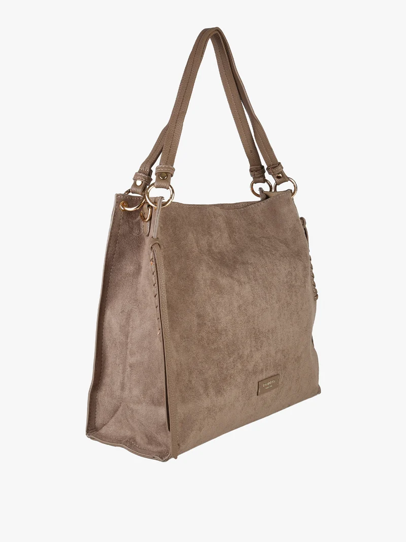 Borsa a spalla da donna in tessuto scamosciato con doppi manici - taupe