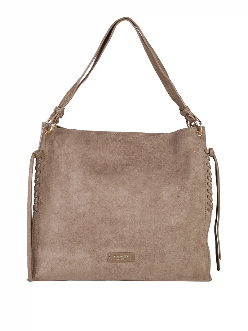 Borsa a spalla da donna in tessuto scamosciato con doppi manici - taupe