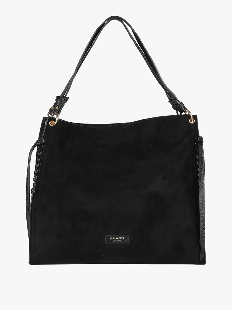 Borsa a spalla da donna in tessuto scamosciato con doppi manici - nero