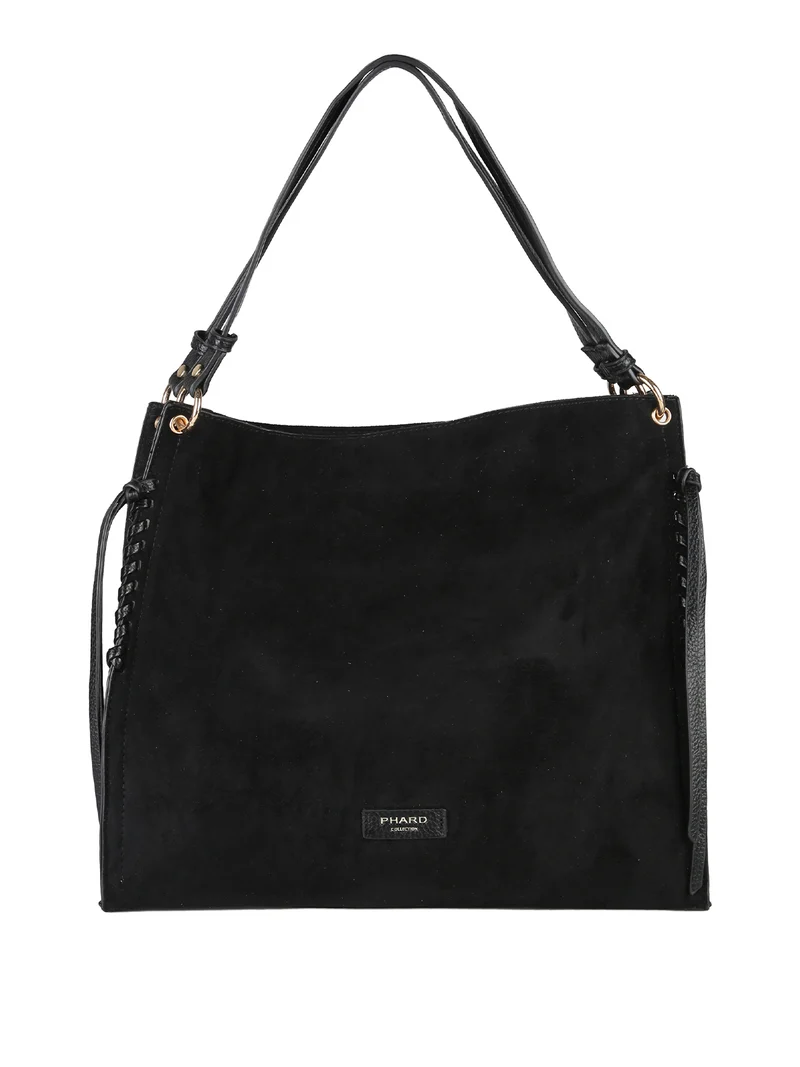 Borsa a spalla da donna in tessuto scamosciato con doppi manici - nero