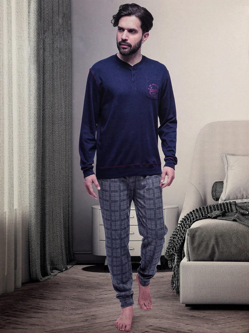 Pigiama lungo da uomo con pantaloni a quadri - blu scuro