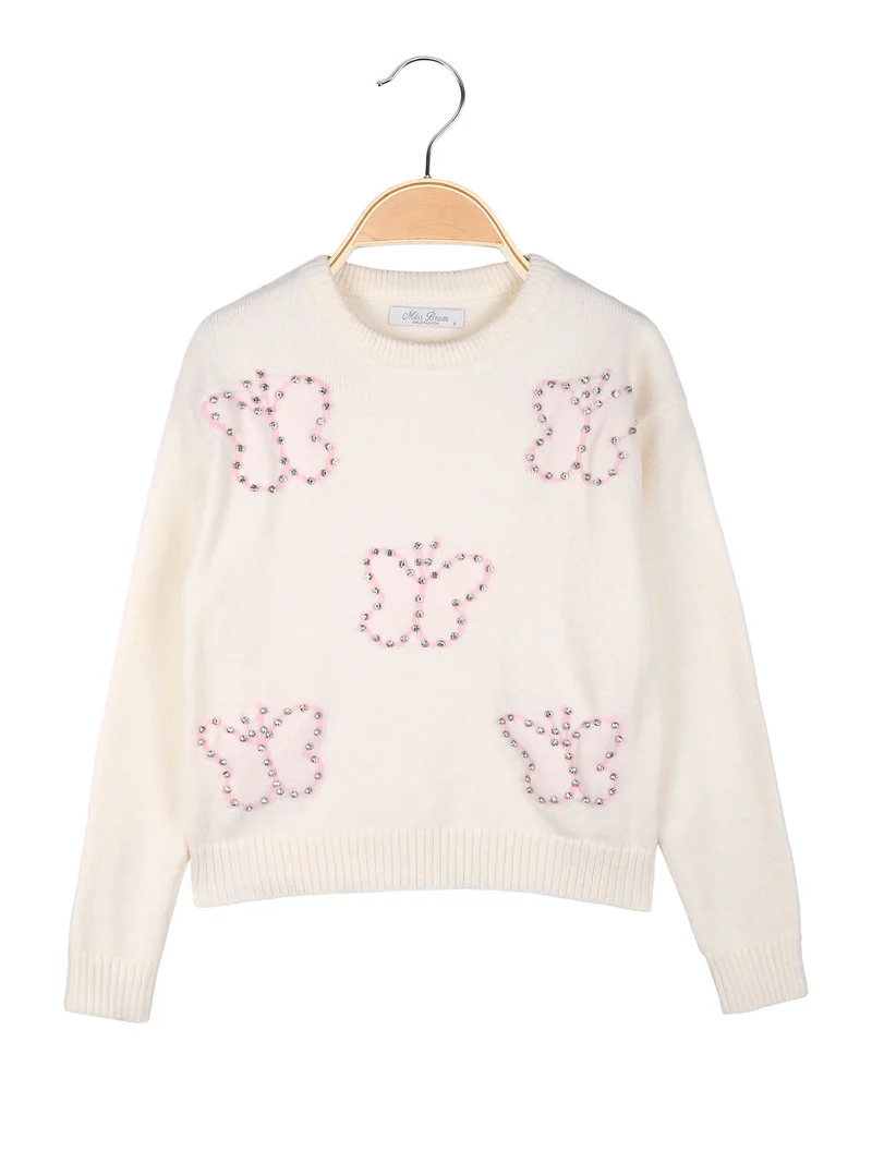 Maglione girocollo da bambina con strass - panna