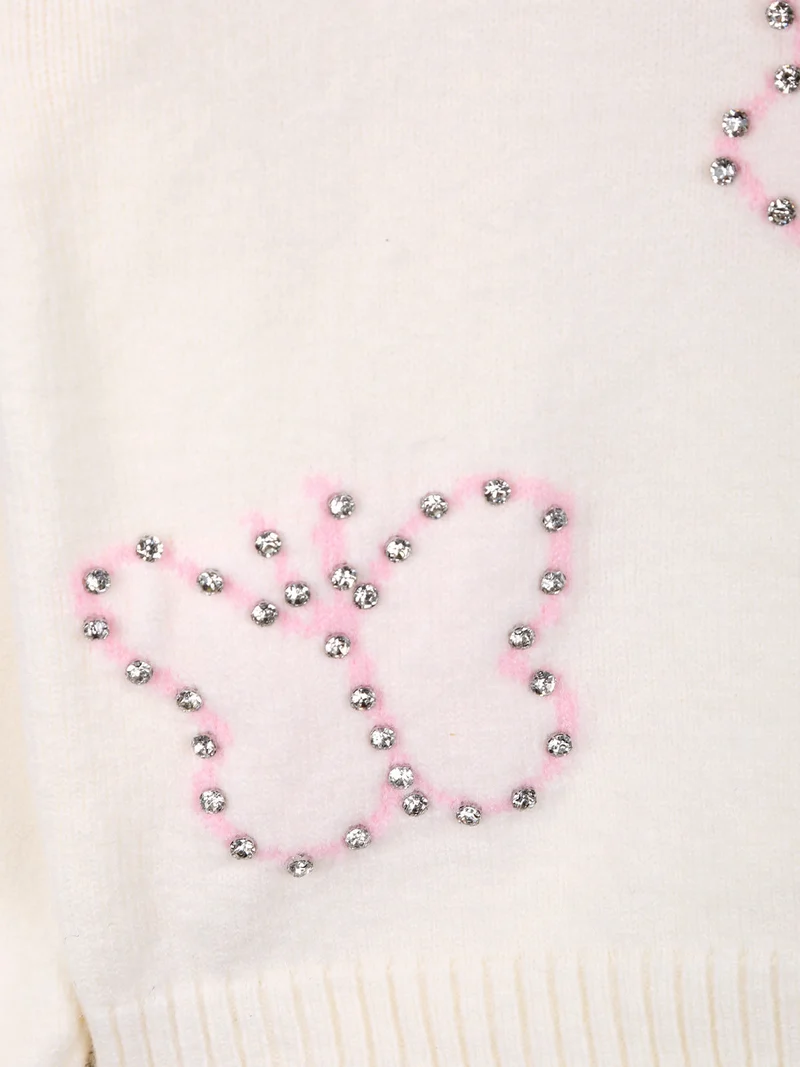 Maglione girocollo da bambina con strass - panna