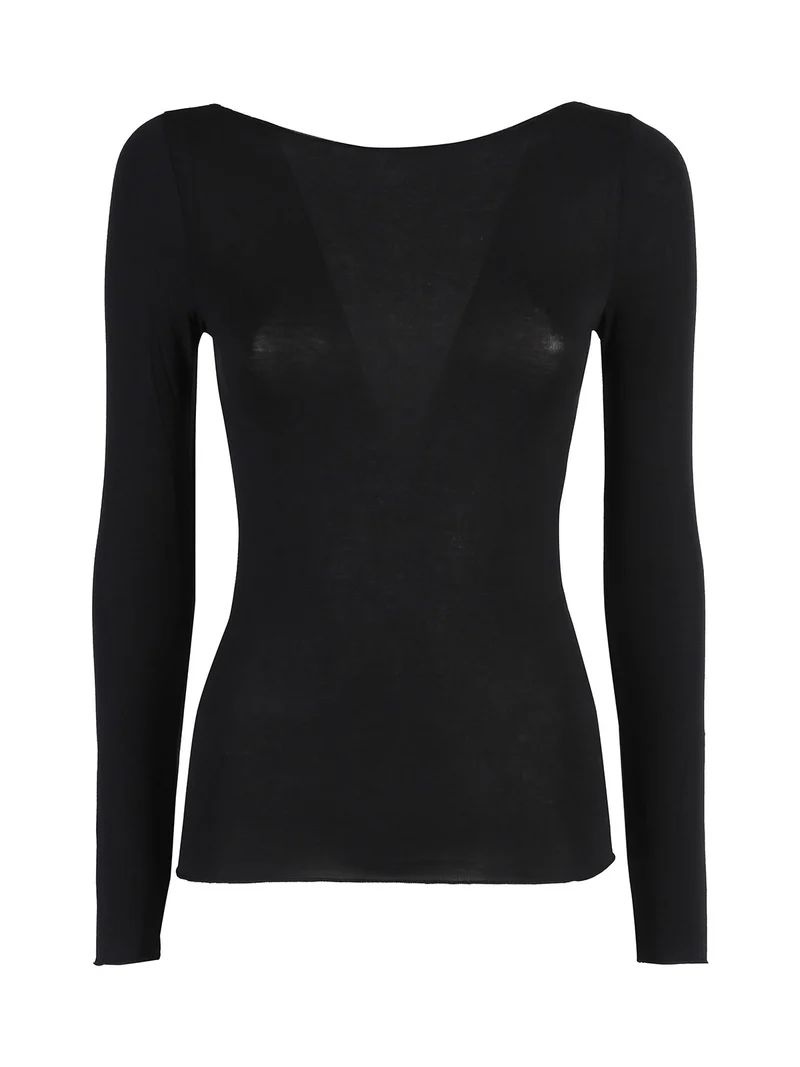 T-shirt donna a maniche lunghe con scollo a barca - nero