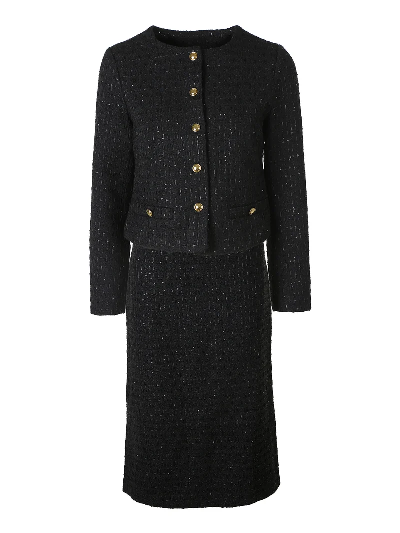 Completo elegante da donna con dettagli di paillettes e gonna- nero