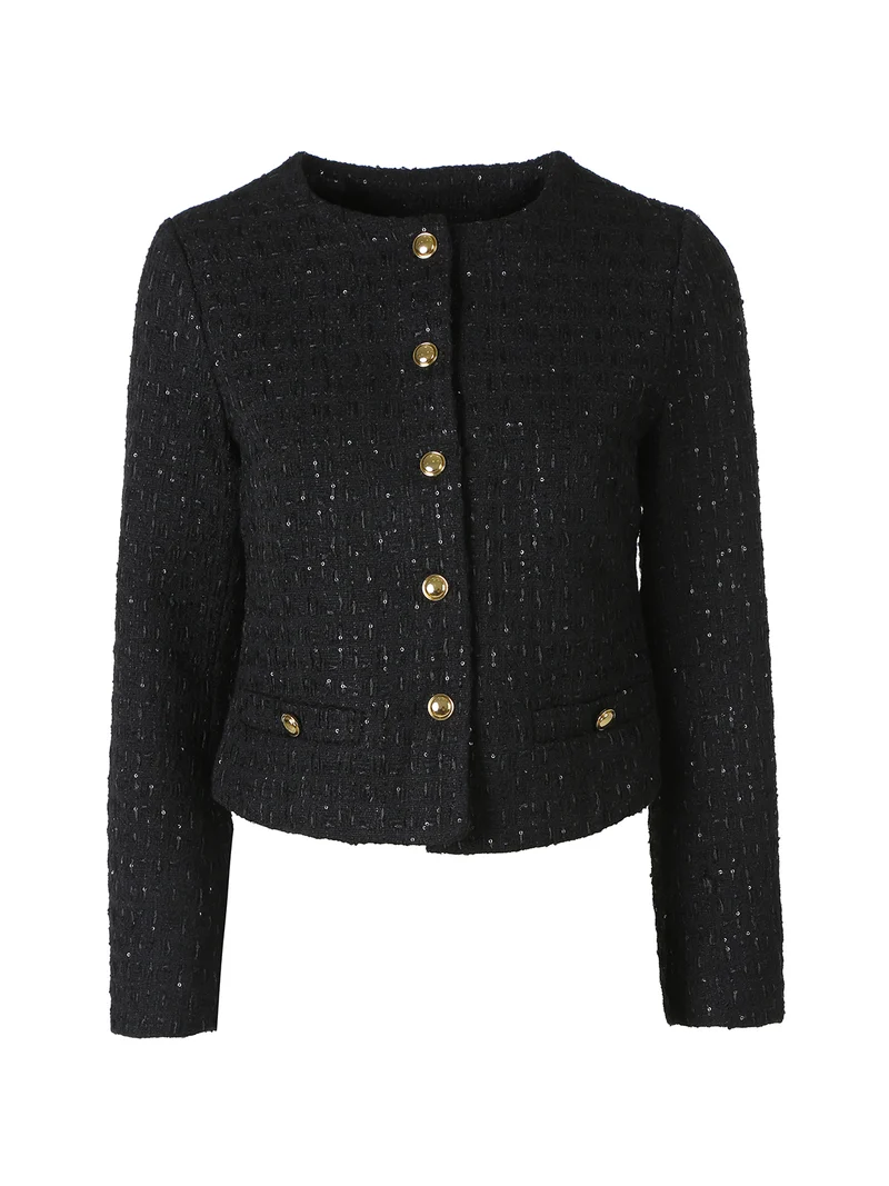 Completo elegante da donna con dettagli di paillettes e gonna- nero