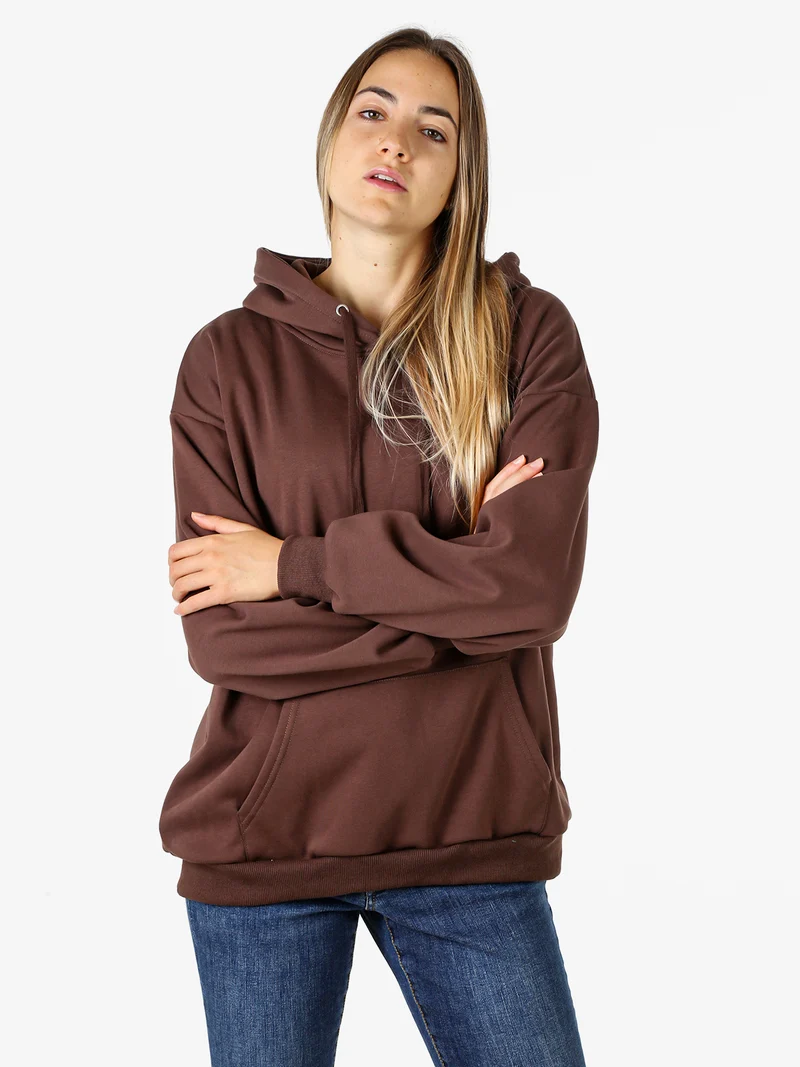 Felpa donna oversize con cappuccio e interno vellutato - moro