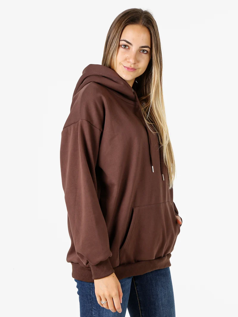 Felpa donna oversize con cappuccio e interno vellutato - moro