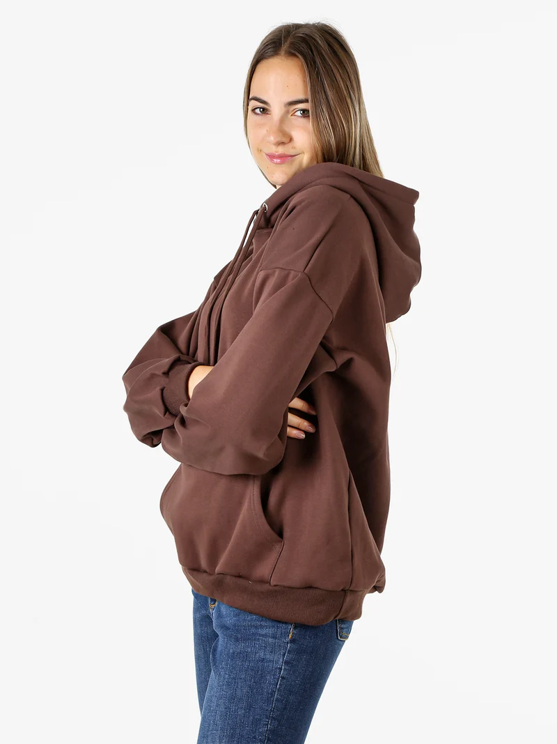Felpa donna oversize con cappuccio e interno vellutato - moro