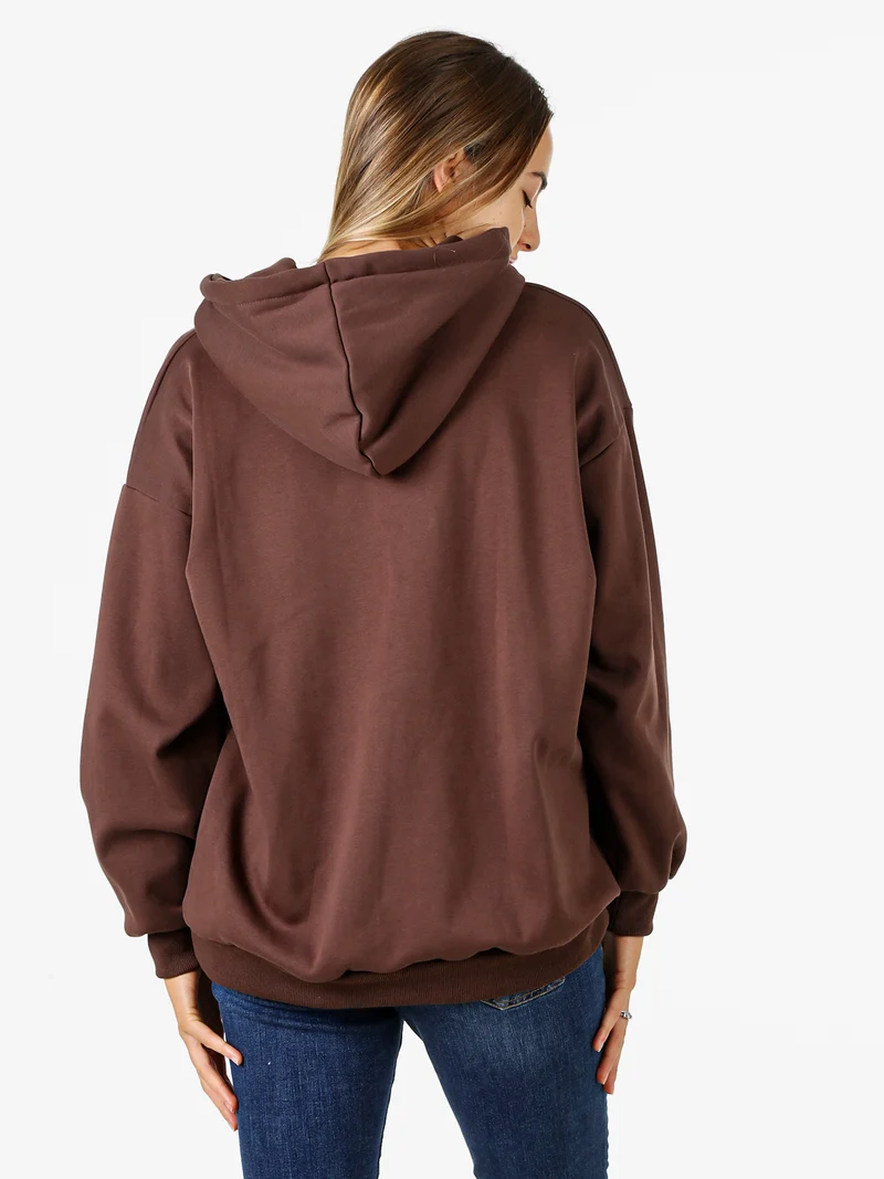 Felpa donna oversize con cappuccio e interno vellutato - moro