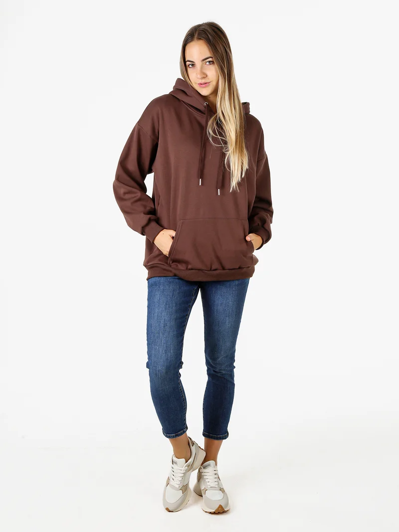 Felpa donna oversize con cappuccio e interno vellutato - moro