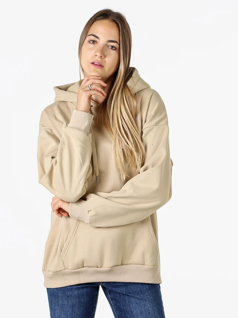 Felpa donna oversize con cappuccio e interno vellutato - beige